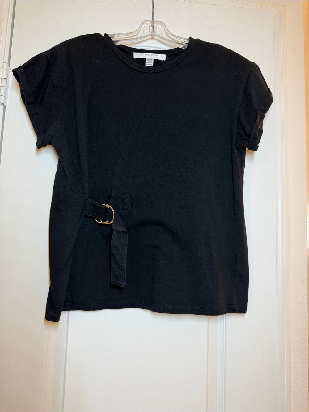 Black Short Sleeve Tee with Side Belt Detail and Cuffed Sleeves
